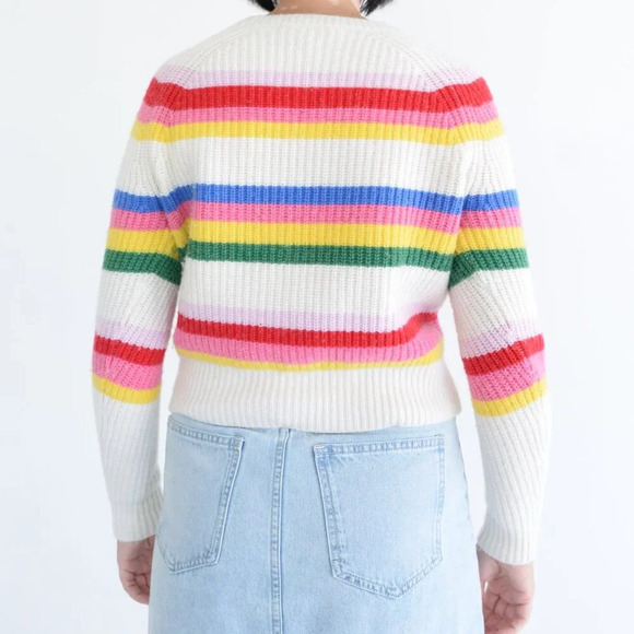 White + Warren Cream Pink Stripe Ribbed 25%  Merino Wool Knit Cropped Sweater XS - Picture 3 of 11